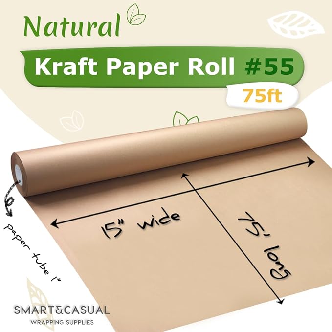 SMART&CASUAL 15" x 900" (75') Kraft Paper Roll for Art Craft Supplies Gift Wrapping Moving Packing Kids Painting Drawing Paint Easel Poster Chart Paper (Brown, 15" W x 900" L (75'))