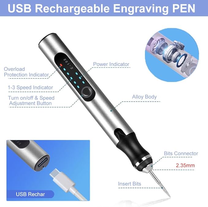 Customized USB Rechargeable Engraving Pen with 37 Bits,Cordless Portable Tool for Metal Wood Glass and Plastic Electric Engraving Pen Kit Engraving Tool for Beginner (Silvery)