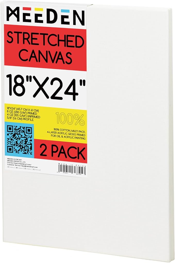 MEEDEN Stretched Canvas, 18 × 24 Inch, Pack of 2, Blank White Canvases for Painting, 100% Cotton, 14 oz Gesso-Primed, Pre-Stretched Canvas for Acrylic Oil Pouring & Airbrushing Painting
