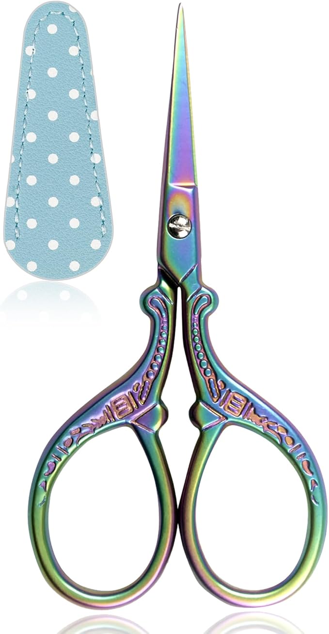 BIHRTC Small Craft Scissors 3.6inch Rainbow Scissors with Leather Cover Stainless Steel Sharp Tip Shears for Cross Stitch Sewing Crafting Art Work Threading Needlework Knitting