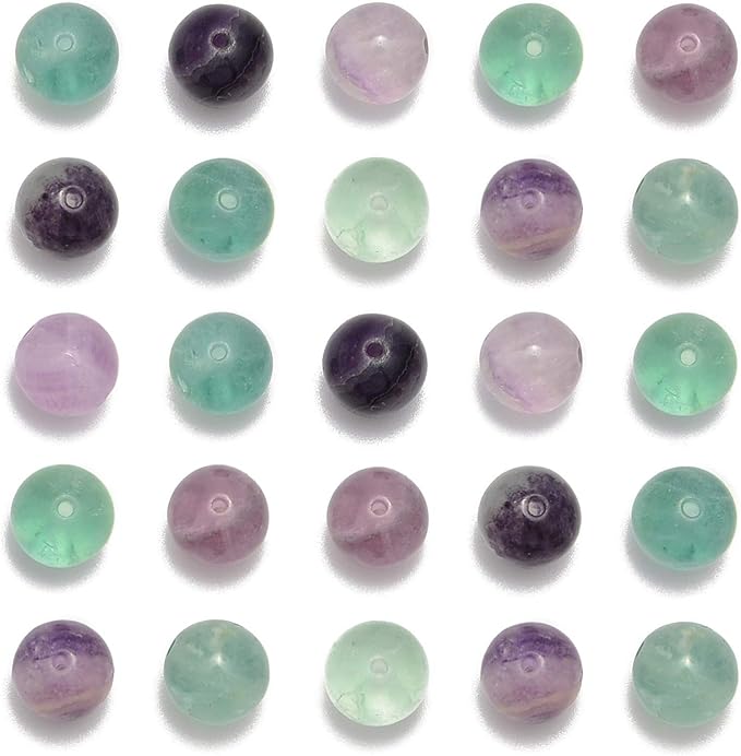 NCB 100Pcs 8mm Natural Stone Gemstone Round Loose Stone Spacer Energy Healing Beads with Free Crystal Stretch Cord for Jewelry Making (Colorful Fluorite, 100Beads)