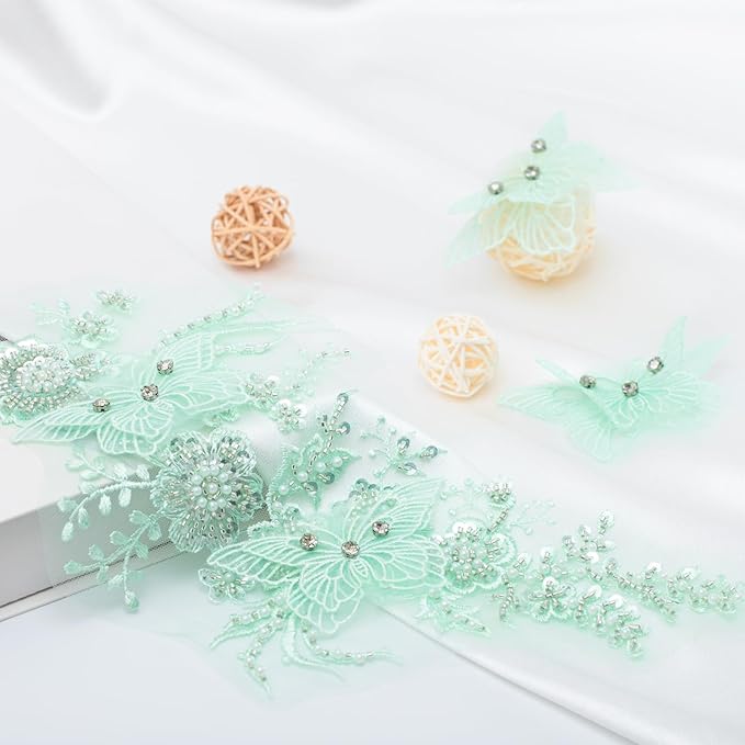 Flower Pearl Fabric Rhinestones Beaded Lace Applique,3D Butterfly Embroidered Lace Patch for Clothes,Dress (Green)
