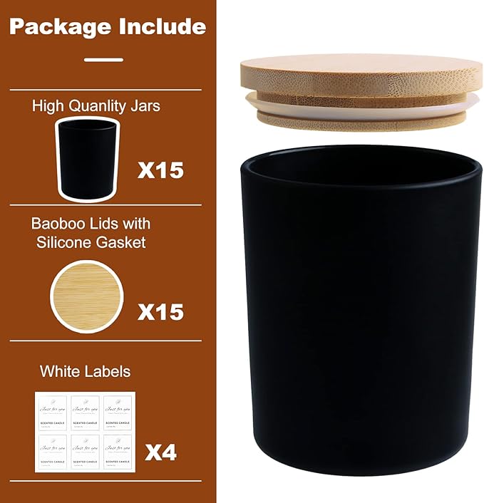 CONNOO 15 Pack 7 OZ Matte Black Candle Jars with Bamboo Lids for Making Candles, Thick Glass Candle Jars Empty Jars in Bulk with lids - Dishwasher Safe