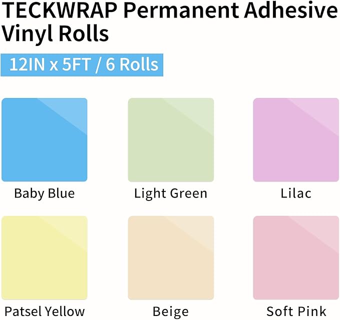 TECKWRAP Permanent Vinyl Boho, 12" x 5ft Permanent Adhesive Vinyl Pastel, 6 Rolls for Cricut, Silhouette, Cameo Cutters, Signs, Scrap-Booking, Craft for Indoor & Outdoor Decal, Light Color