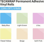 TECKWRAP Permanent Vinyl Boho, 12" x 5ft Permanent Adhesive Vinyl Pastel, 6 Rolls for Cricut, Silhouette, Cameo Cutters, Signs, Scrap-Booking, Craft for Indoor & Outdoor Decal, Light Color