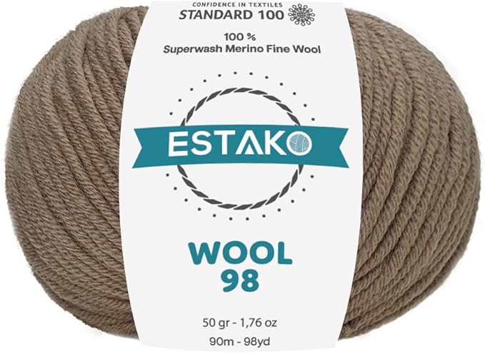 Estako Wool 98 100% Superwash Merino Wool Medium Worsted Weight Soft Knitting and Crochet Yarn 1.76 oz (50gr) 98 yds (90 m) (6360-Light Brown)