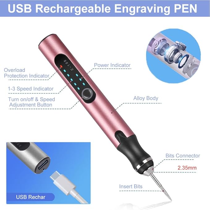 Customized USB Rechargeable Engraving Pen with 37 Bits,Cordless Portable Tool for Metal Wood Glass and Plastic Electric Engraving Pen Kit Engraving Tool for Beginner (Rose Gold)