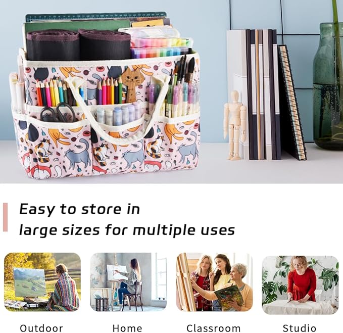 E-WEICHEN Craft Organizer Tote Bag Art Storage Caddy with Multiple Pockets Containers for Art,Craft,and Office Supplies Storage.Pink Cat