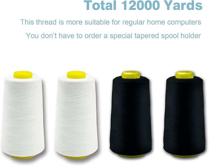 White Black Serger Thread, All-Purpose Thread for Sewing, Polyester, 4 Cones of 3000 Yards Each Spool for Sewing Machine