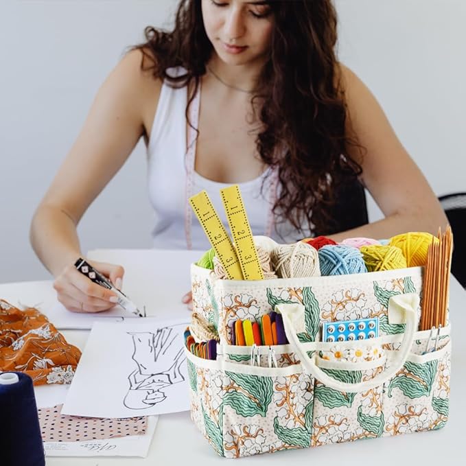 E-WEICHEN Craft Organizer Tote Bag Art Storage Caddy with Multiple Pockets Containers for Art,Craft,and Office Supplies Storage.White Campanula