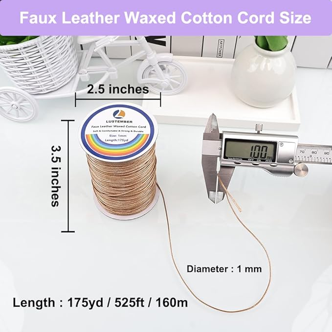 1mm Faux Leather Waxed Cotton Cord, 175 Yards – Durable Necklace String, Soft and Textured Cord for Necklaces, Bracelets, and Jewelry Making