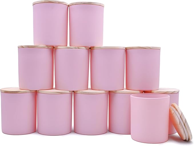 SHOWIN 14 OZ Thick Candle Jars for Making Candles 12 Pcs, 3 Wick Empty Jars with Wood Lids for Candle Making, Sample Container, Matte Pink