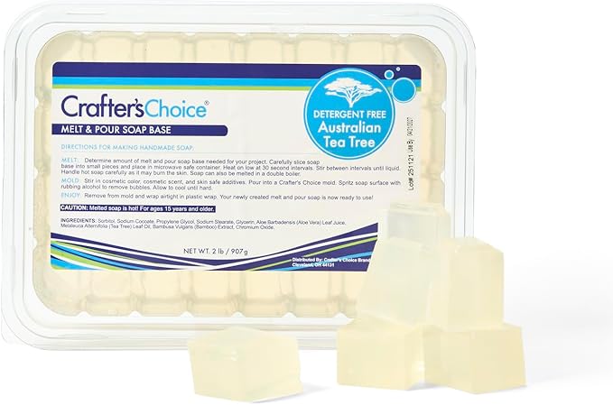 Crafter's Choice Detergent Free Melt and Pour Soap Base for Soap Making and DIY Crafting Projects, SLS/SLES Free, 2LB Block (Australian Tea Tree)