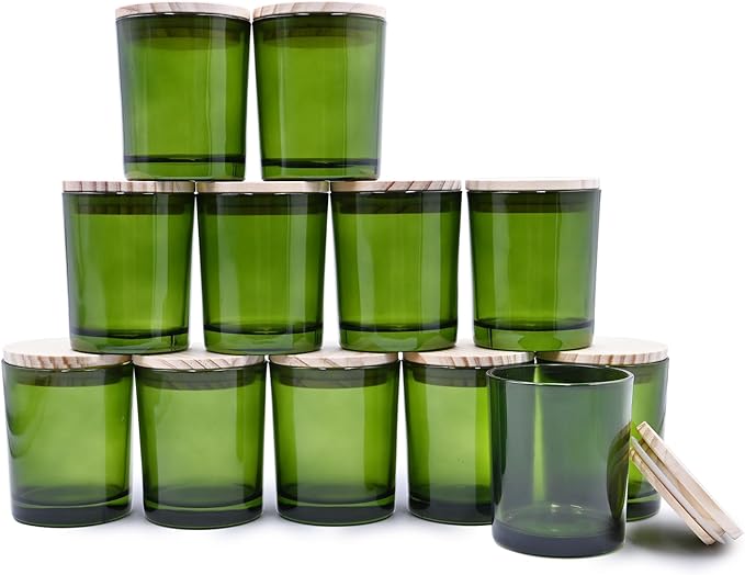 Thick Candle Jars for Making Candles 12 Pcs, 7 OZ Empty Jars with Wood Lids for Candle Making, Sample Container, Clear Green