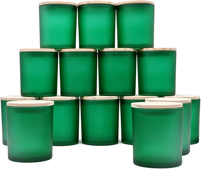 10 OZ Thick Candle Jars for Making Candles 15 Pcs, Empty Jars with Wood Lids for Candle Making, Sample Container, Frosted Green