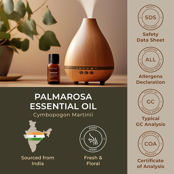Gya Labs Palmarosa Essential Oil - 0.34 Fl Oz - for Hair, Skin, Diffuser, Aromatherapy & DIY Candle Making Scent