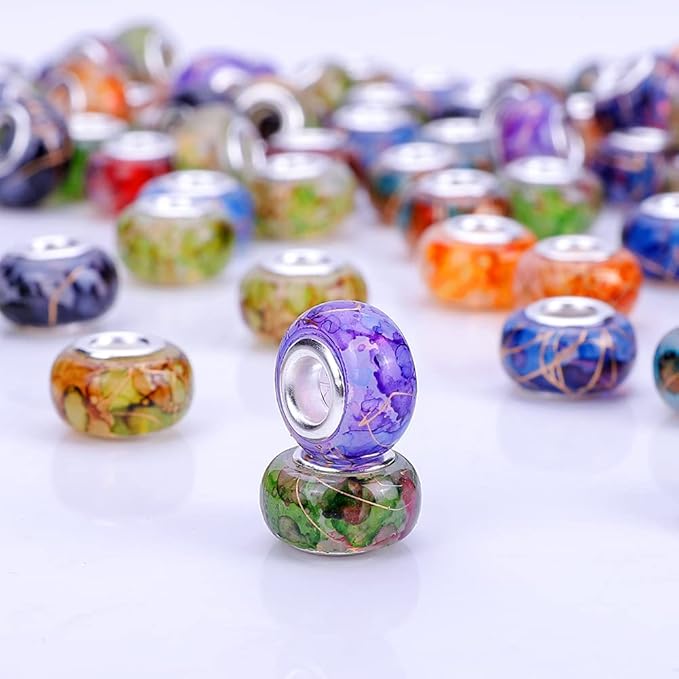 100 Pieces 14mm European Large Hole Spacer Beads Mix Color with Silver Brass Cores Assortments Charm Lampwork Beads Supplies for Necklace Bracelets Jewelry Making (Golden Wire Water Pattern)