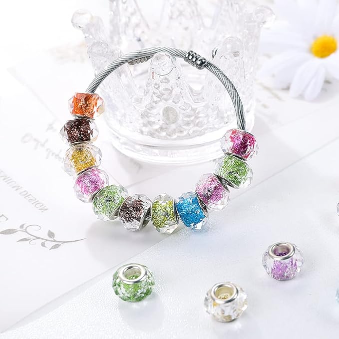 100 Pieces 14mm European Large Hole Spacer Beads Mix Color with Silver Brass Cores Assortments Charm Lampwork Beads Supplies for Necklace Bracelets Jewelry Making (Faceted Powder)