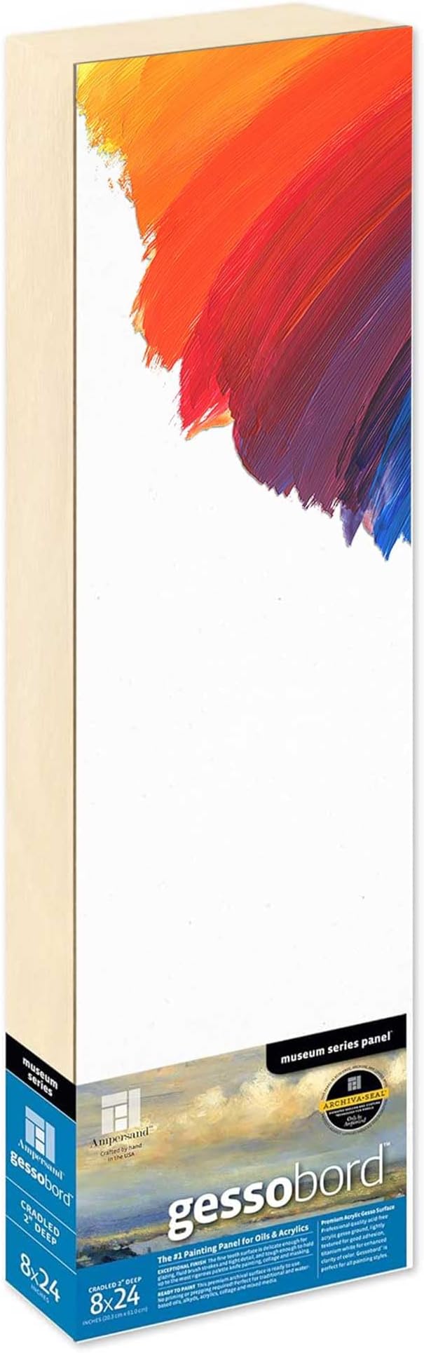 Ampersand Art Supply Gesso Wood Painting Panel: Museum Series Gessobord, 8" x 24", 2" Cradled Profile