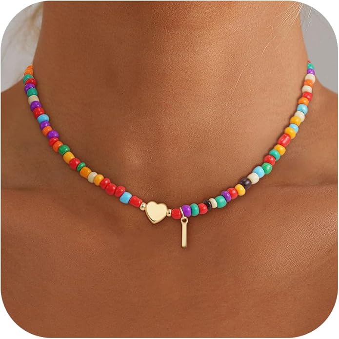 Christmas Gifts for Grandkids Teens Girls - Colorful Beaded Initial Necklace Teen Girl Gifts Trendy Stuff Dainty Letter Choker Necklace Stocking Stuffers for Teen Girls Women Jewelry