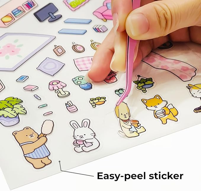 Fuzzy Friends Coloring Book with 2 Sets of Miniature Sticker Scenes for Adults & Teens