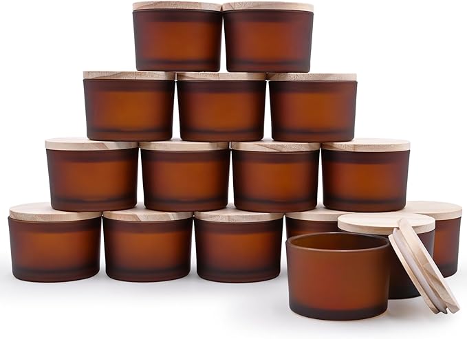 Thick Candle Jars for Making Candles 16 Pcs, 4 OZ Empty Jars with Wood Lids for Candle Making, Sample Container - Dishwasher Safe, Frosted Brown