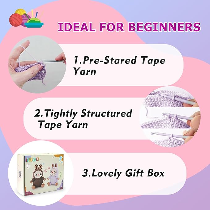 Crochet Kit for Beginners, 2 PCS Crochet Starter Kit with Step-by-Step Video Tutorials, Include Easy Knitting Soft Yarn, Christmas Birthday Gift for Adults and Kids