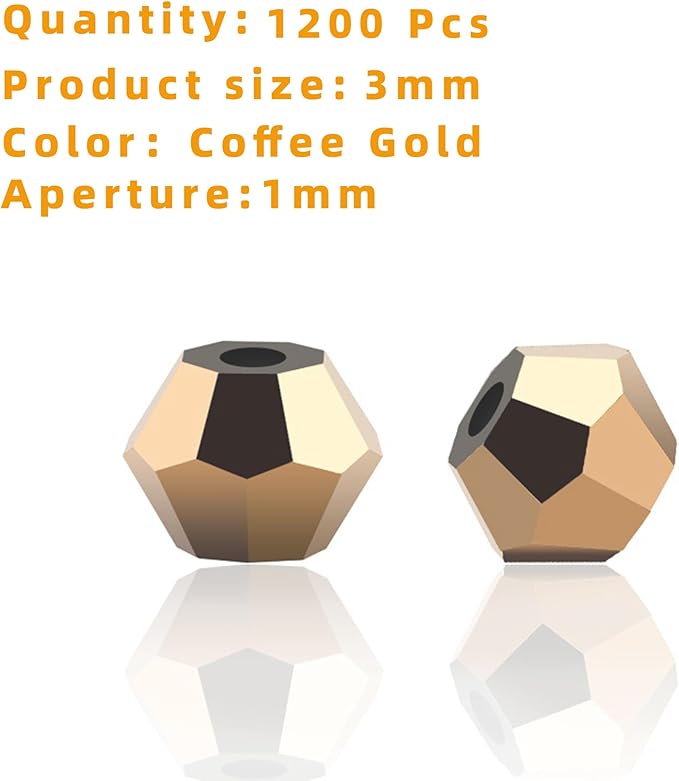 1200PCS 3mm Bicone Crystal Glass Beads for Jewelry Making, Sparkling Mini Beads for Suncatchers, DIY Bracelets & Craft Projects (Coffee Gold)