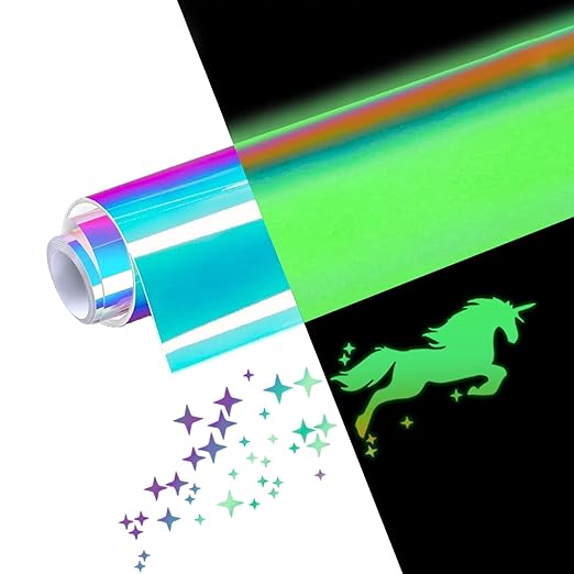 Glow in The Dark Vinyl 12" x 10 ft Permanent Adhesive Vinyl Holographic Iridescent Vinyl Opal White Glow Green for Wrap, Stickers, Decal, Lettering, DIY Crafts Decor