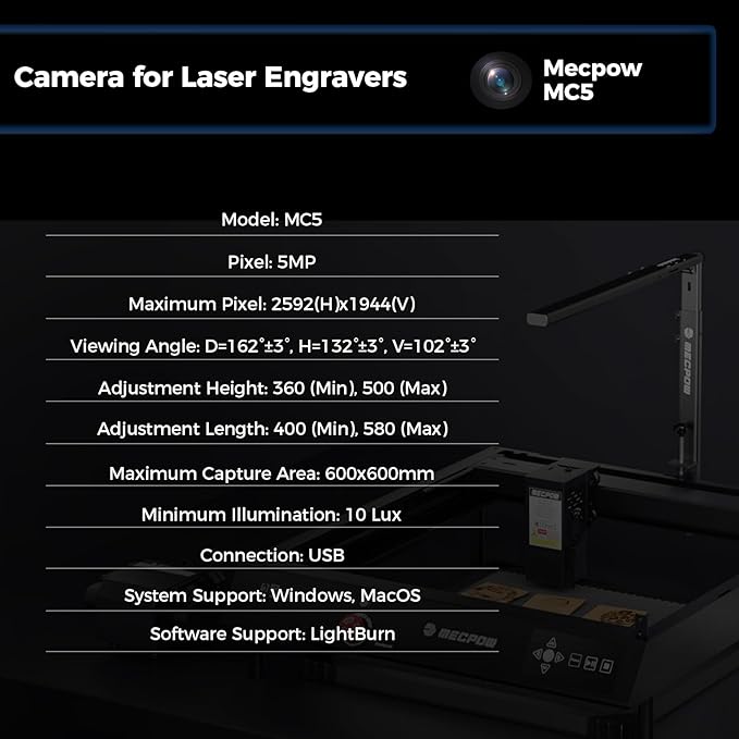 Mecpow MC5 LightBurn Camera Kit for Laser Engravers, 5MP Precise Positioning, 120° Wide Angle Camera for X3/X4/X5 Series and Compatible with 99.99% Engravers