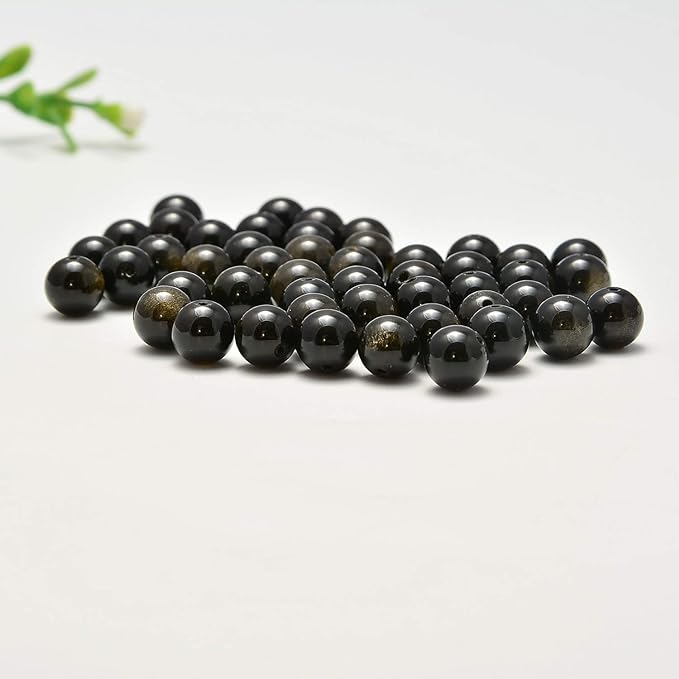 NCB 100pcs 8mm Black Golden Obsidian Beads Natural Semi Precious Beads Round Smooth Gemstones Loose Spacer Beads Charms for Necklaces Bracelets Jewelry Making (Black Golden Obsidian, 8mm 100Beads)