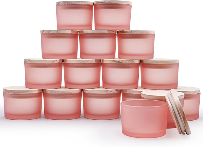 SHOWIN Thick Candle Jars for Making Candles 16 Pcs, 4 OZ Empty Jars with Wood Lids for Candle Making, Sample Container - Dishwasher Safe, Frosted Pink
