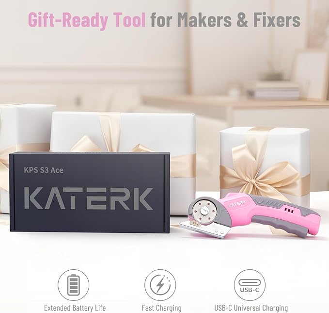 Katerk Cordless Electric Scissors with Safety Lock & LED Light, Pocket-sized Box Carpet Cardboard Cutters Tool, Ambidextrous Use, Rotary Cutter for Fabric, Leather, Plastic, Crafting, Industrial