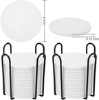 24 Pack Ceramic Tiles for Crafts with 2 Holders, White Unglazed Blank Ceramic Costers with Self-Adhesive Cork Backing Pads for Acrylic Pouring, Painting, Make Your Own DIY Coasters (Round)