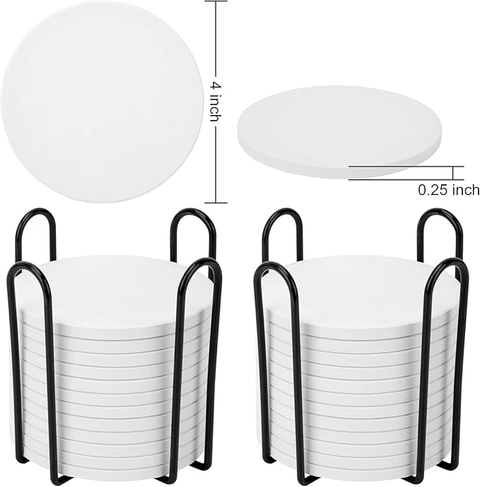 24 Pack Ceramic Tiles for Crafts with 2 Holders, White Unglazed Blank Ceramic Costers with Self-Adhesive Cork Backing Pads for Acrylic Pouring, Painting, Make Your Own DIY Coasters (Round)