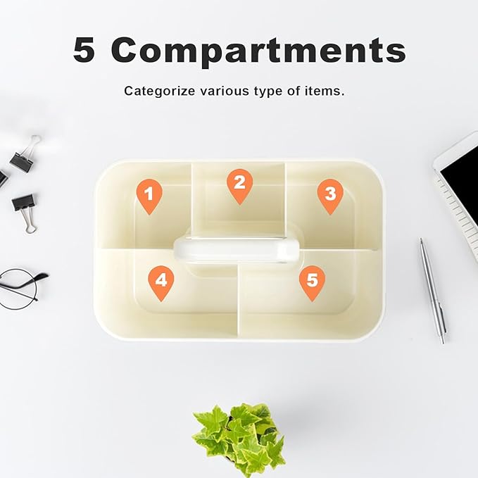 Multipurpose Caddy Organizer with Handle, 9.6'' x 6.1''x 4.3'' Large Stackable Plastic Craft Storage, Portable Pen Holder 5 Dividers for Art Supplies, Colored Pencils, Stationery, Markers, Makeup