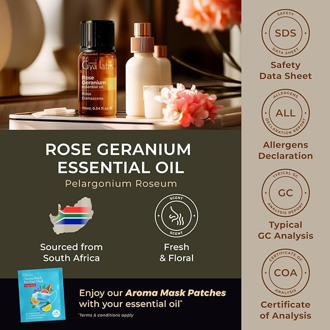 Gya Labs Rose Geranium Essential Oil - 0.34 Fl Oz - for Hair, Skin, Diffuser, Aromatherapy & DIY Candle Making Scent