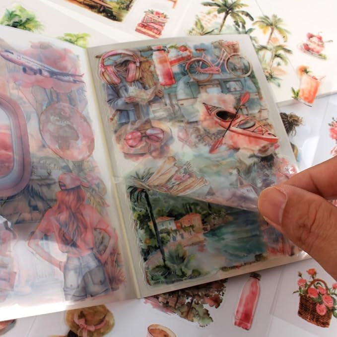 Summer Beach Pre-Cut Journal Sticker Book for Junk Journaling, Transparent PET Landscape Stickers for Scrapbook Supplies, Scrapbooking, Collage, Planners, Bujo, 20 Sheets