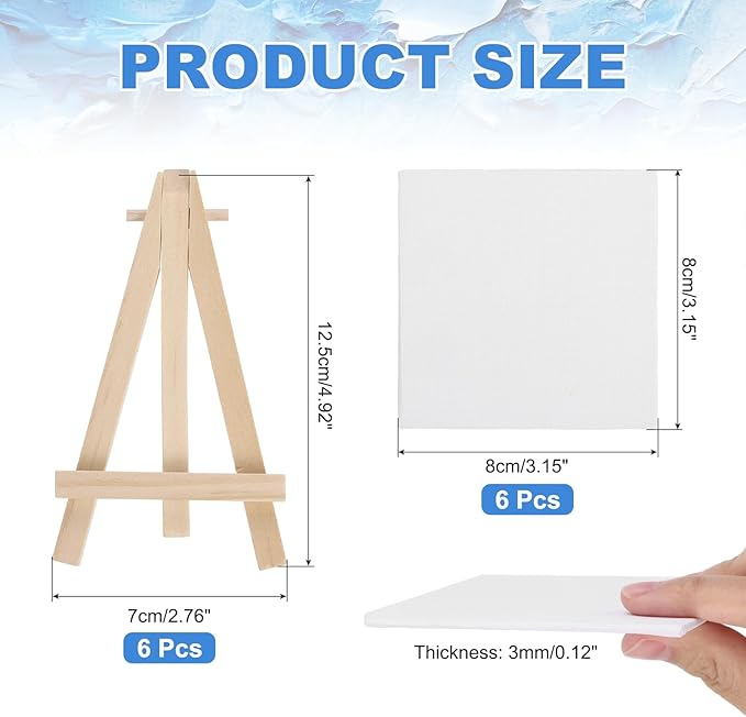 MECCANIXITY Canvas Boards for Painting with 4.9" Mini Easel Kit, 3x3 Cotton Blank Primed Art Canvas Panels Acid-Free for Painting Supplies Oil Acrylic Tempera Paint(White, Set of 6)