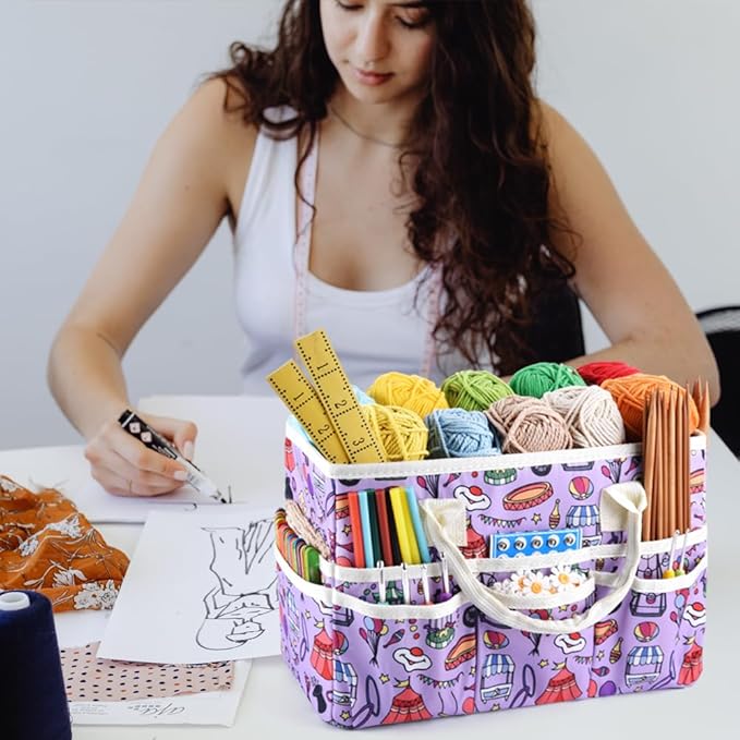 E-WEICHEN Craft Organizer Tote Bag Art Storage Caddy with Multiple Pockets Containers for Art,Craft,and Office Supplies Storage.Purple Circus
