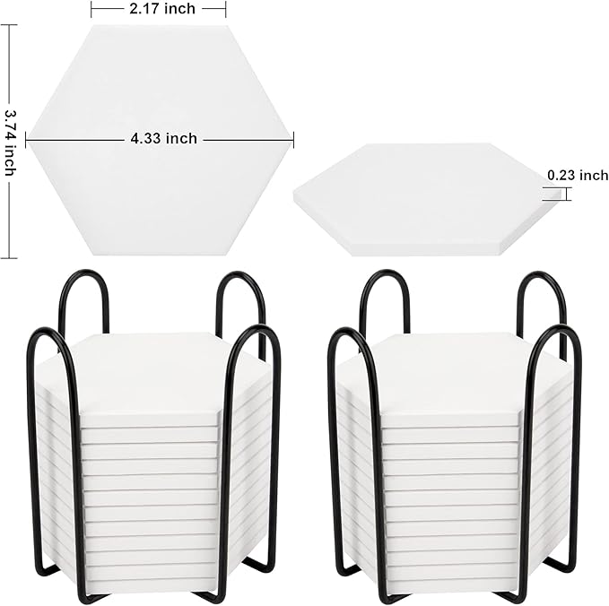 24 Pack Ceramic Tiles for Crafts with 2 Holders, White Unglazed Blank Ceramic Coasters with Self-Adhesive Cork Backing Pads for Acrylic Pouring, Painting, Make Your Own DIY Coasters (Hexagon)