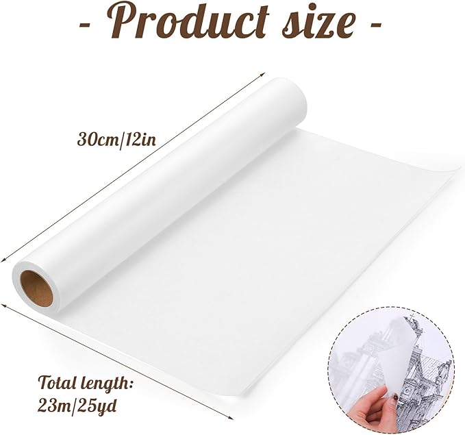 Tracing Paper Roll 12in x 25yd, White Trace Paper Pattern Paper Translucent Tracing Paper for Sewing, Drawing, Sketching, Gift Wrapping