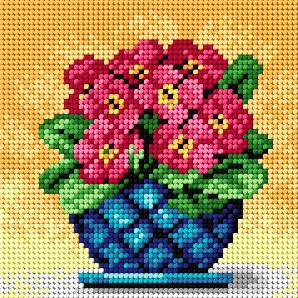 Wizardi Needlepoint Canvas for halfstitch Without Yarn Bouquet of Primroses in a Blue Vase 2251D Orchidea