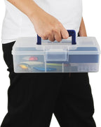 JUXYES Plastic Carry Storage Box with Removable Dividers, Clear Art Craft Supply Storage Bin Sewing Box with Handle Lid, 2 Layers Stationery Storage Case for School/Office Supplies