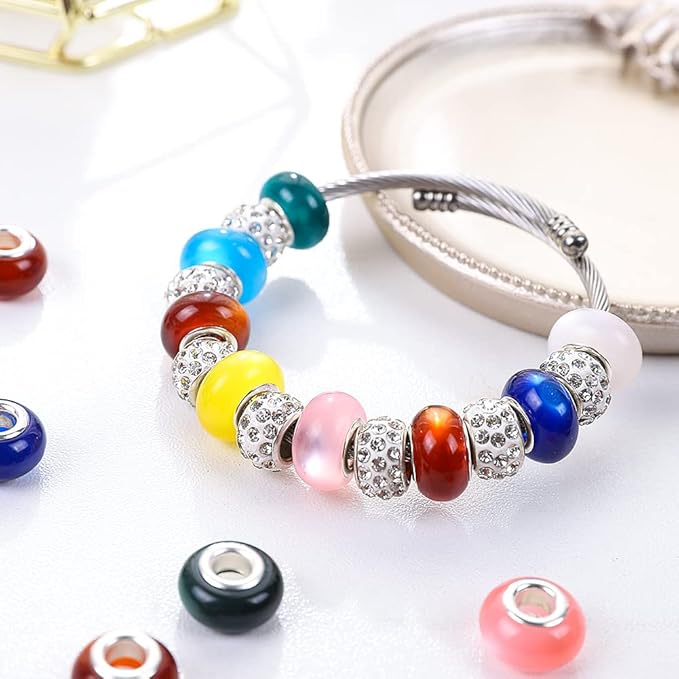 100 Pieces 14mm European Large Hole Spacer Beads Mix Color with Silver Brass Cores Assortments Charm Lampwork Beads Supplies for Necklace Bracelets Jewelry Making (Cat Eye)