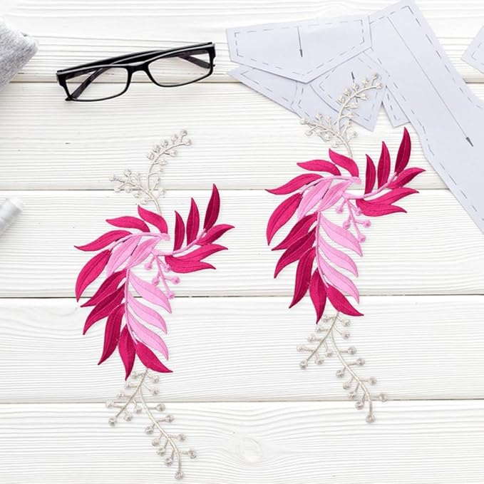 GORGECRAFT 4Pcs Long Patch Leaf Vine Iron on Applique 11 x 5.3 Inch Leaves Plants Decorative Embroidered Sew on Patches Appliques for Garment Curtain Pillow Jeans Clothing Embellishments Violet Red