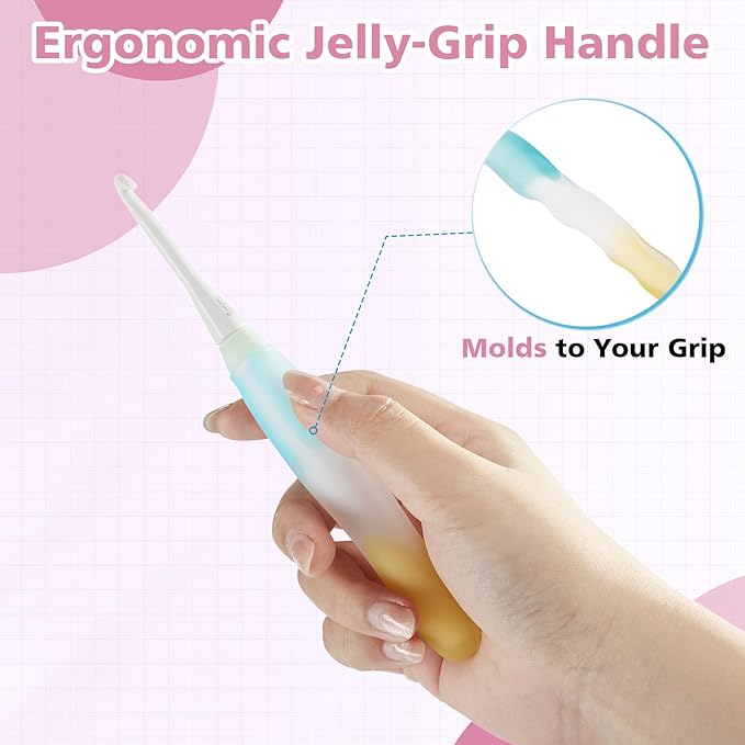 10-Size Interchangeable Crochet Hook Set – Ergonomic Jelly-Grip Handle, Extra Long, 15pcs Pre-Included Accessories, Portable Case
