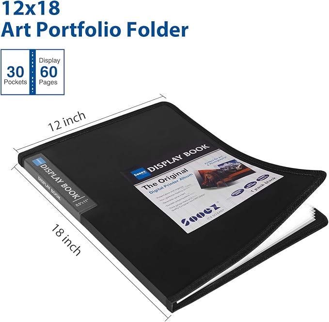 Sooez Art Portfolios 12"x18", Large Portfolio Folder with 30 Pockets & Black Inner Sheets, Display 60 Pages, 12 x 18 Presentation Book for Artwork Storage, Binder with Plastic Sleeves for Artist