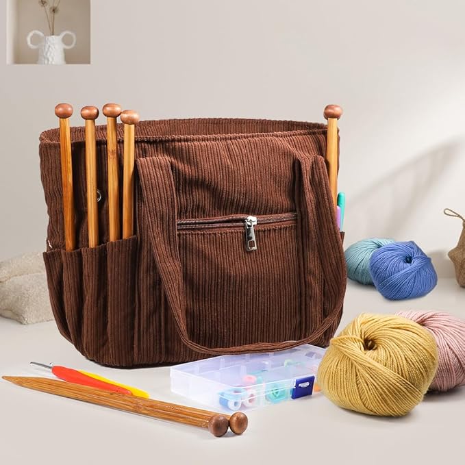 Crochet Bag Organizer Corduroy Yarn Bag Holder for Crocheting Basket Kit Knitting Needles Yarn Balls Gifting to Knitting Fans