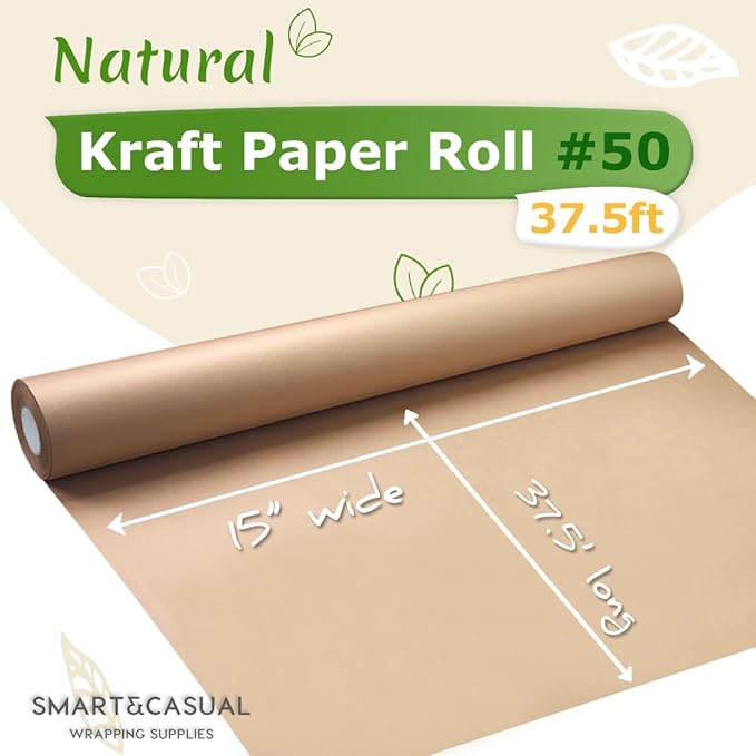 SMART&CASUAL 15" x 450" (37.5') Kraft Paper Roll for Art Craft Supplies Gift Wrapping Moving Packing Kids Painting Drawing Paint Easel Poster Chart Paper (Brown, 15" W x 450" L (37.5'))
